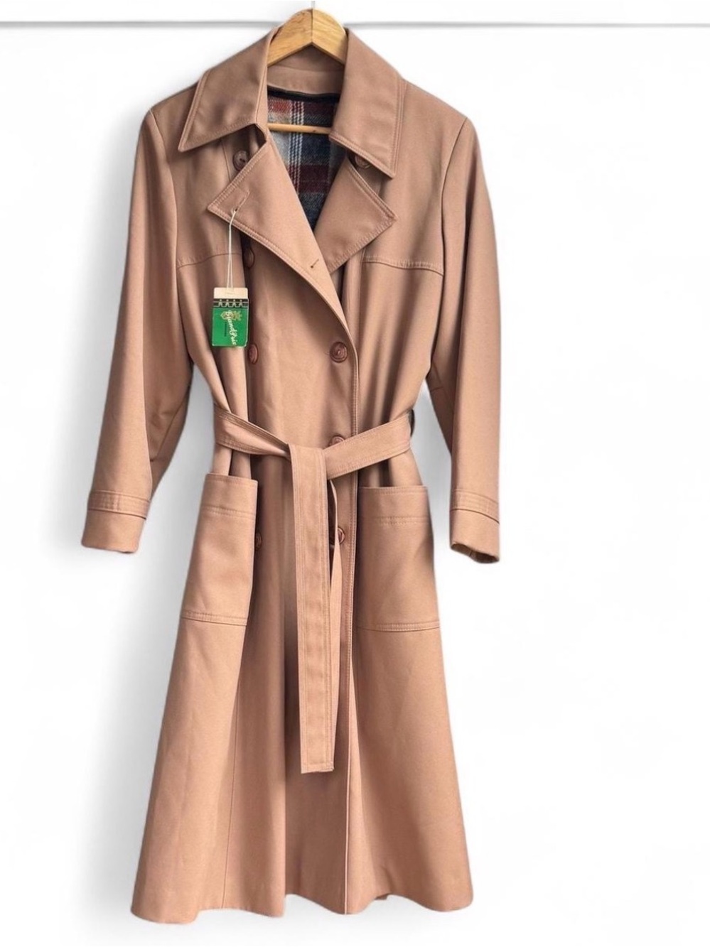 NWT Vintage Grand Prix Fashions Trench Coat 1970s Plaid Lined Deadstock Camel